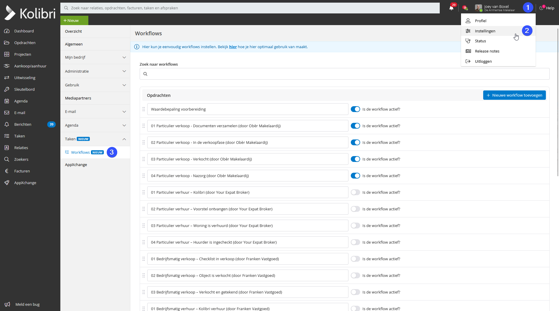 Instellingen in Kolibri